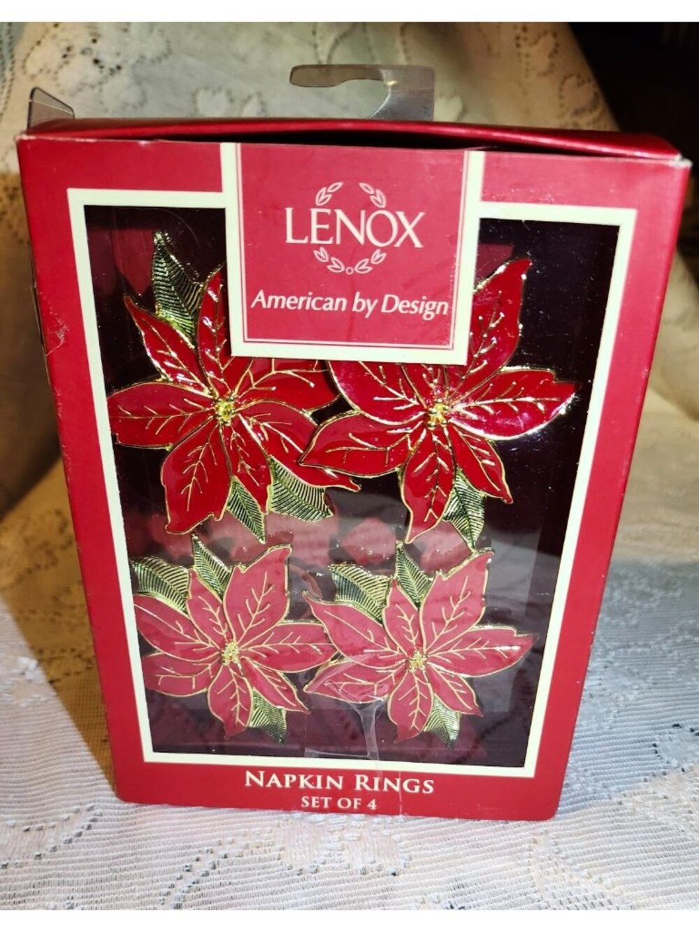 Lenox American By Design Poinsettia Napkin Rings Set Of 4 Red & Gold New In Box